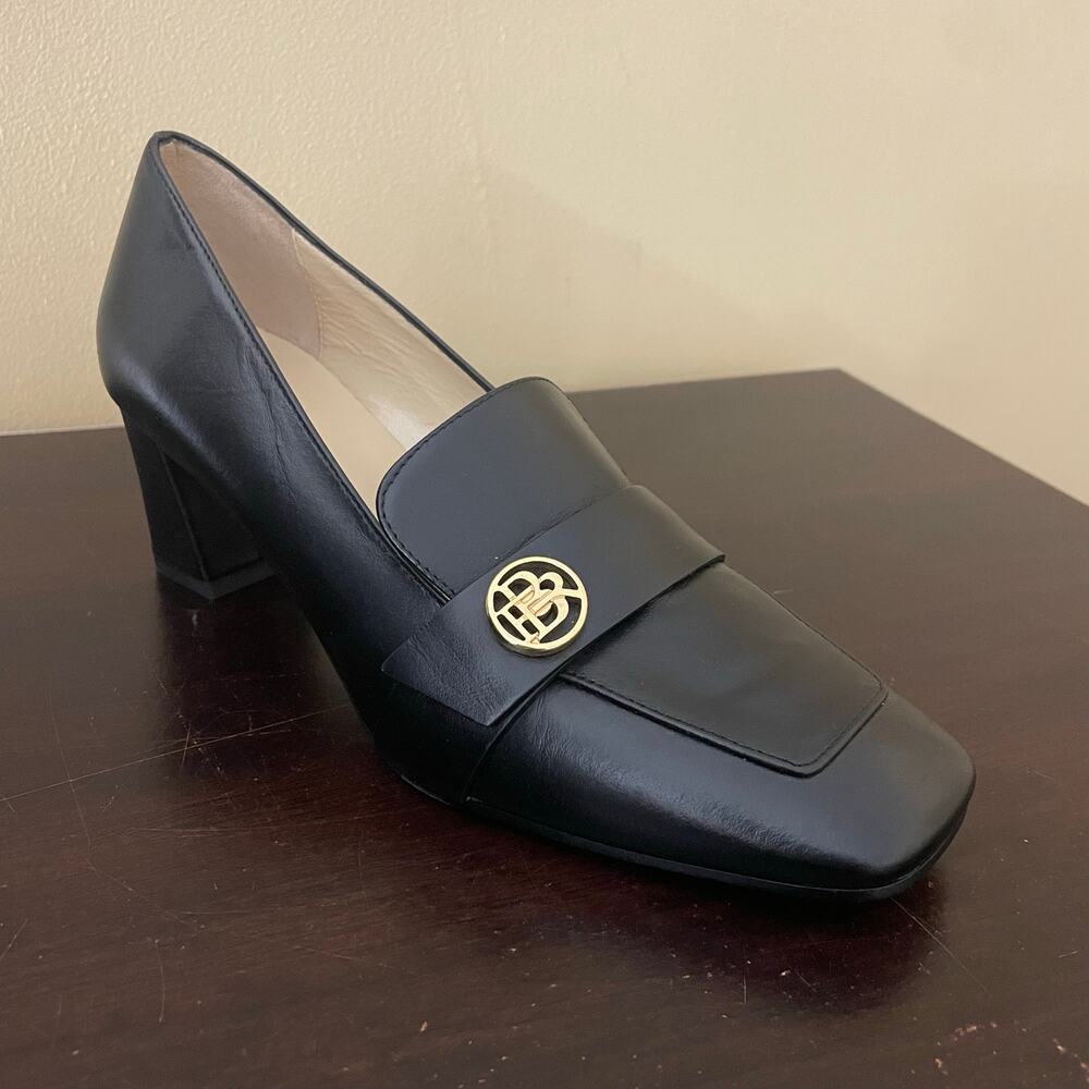 Banana Republic Black Leather Block Heel Loafers with Gold Logo